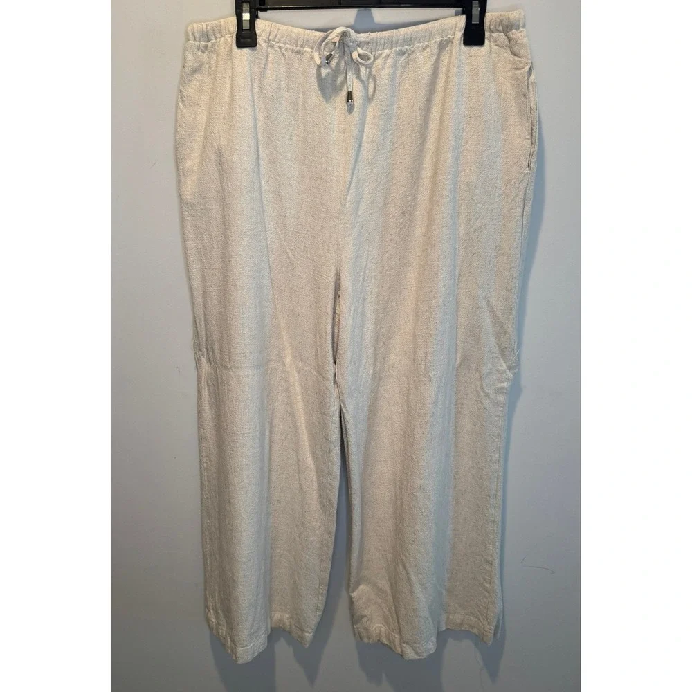 Anrabess‎ Womens XL Linen Blend Wide Leg Pants Oatmeal Beige Drawstring Casual